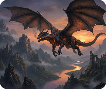 Fantasy dragon flying over mountains